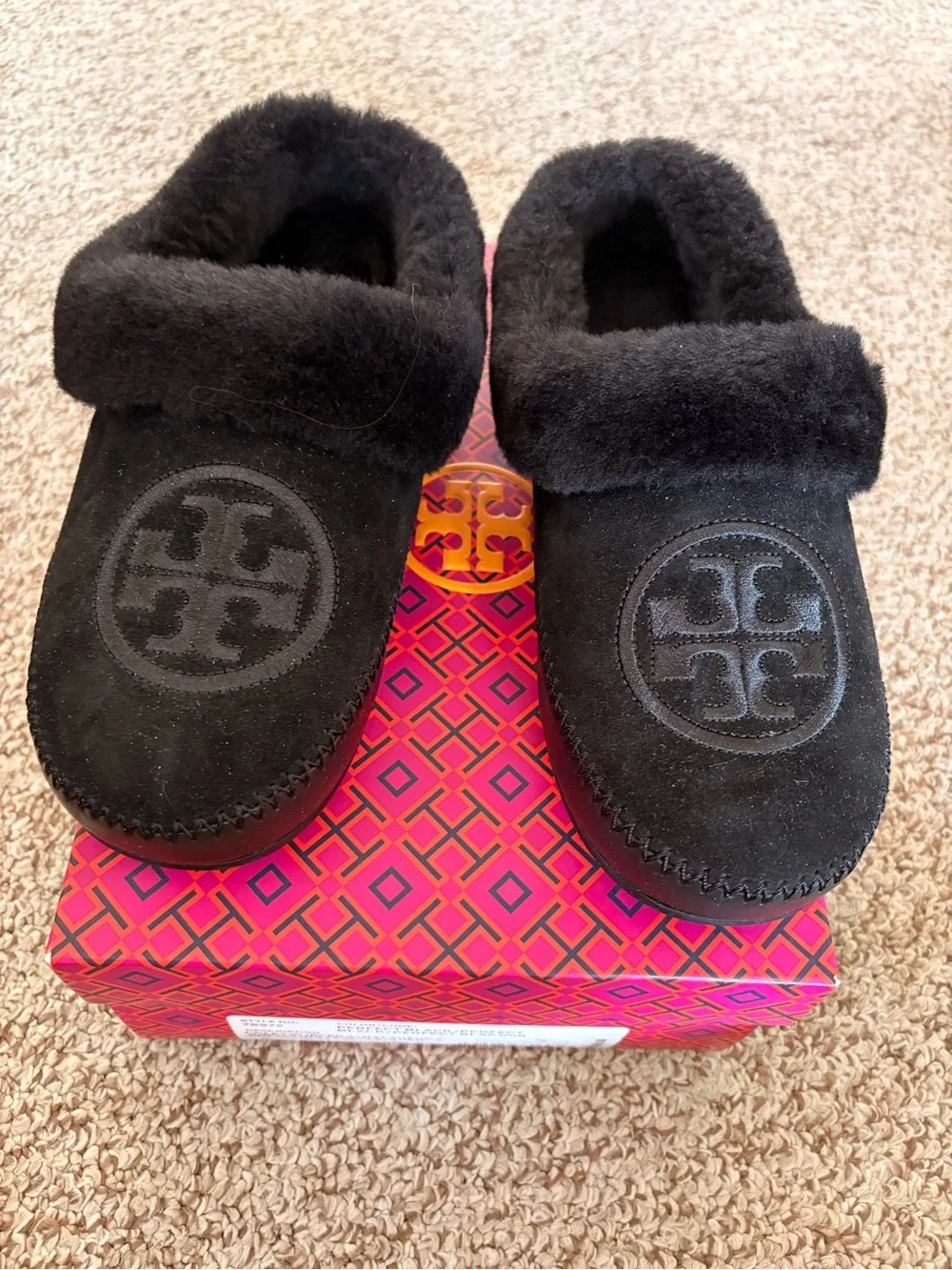 Tory Burch Black Suede Shearling Cuff Slip-Ons